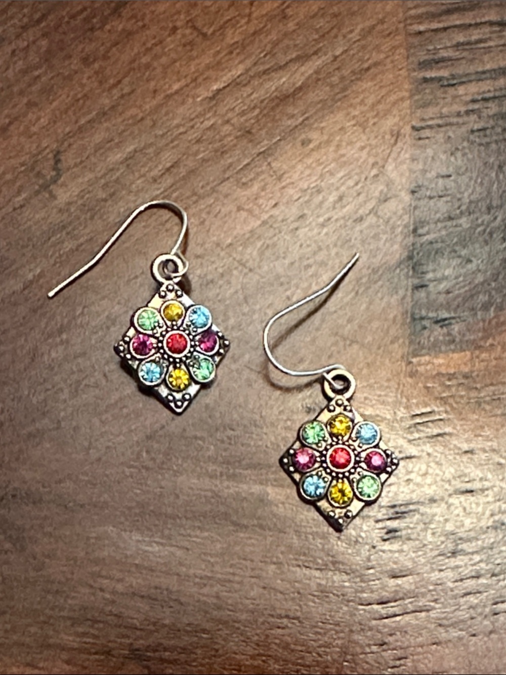 Colorful Multi-Gem Floral Drop Earrings Gold Tone